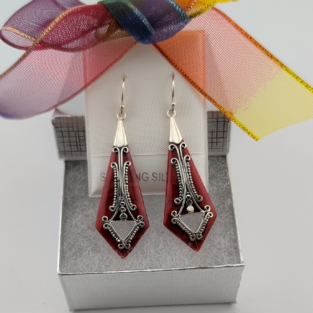 Coral And Sterling Silver Filigree Dangle Drop Earrings